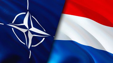 NATO ve Hollanda bayrakları. 3 boyutlu dalgalanan bayrak tasarımı. Hollanda NATO bayrağı, resim, duvar kağıdı. NATO Hollanda 'ya karşı, görüntü 3D. NATO Hollanda ilişkileri ittifak ve ticaret, seyahat, turnuva