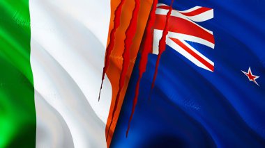 İrlanda ve Yeni Zelanda bayrakları yara izi konseptiyle. 3D bayrak sallama. İrlanda ve Yeni Zelanda çatışma konsepti. İrlanda Yeni Zelanda ilişkileri kavramı. İrlanda ve Yeni Zelanda bayrağı