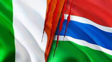 Yara izi olan İrlanda ve Gambiya bayrakları. 3D bayrak sallama. İrlanda ve Gambiya çatışma konsepti. İrlanda Gambiya ilişkileri kavramı. İrlanda ve Gambiya krizi bayrağı, savaş, saldırı konsepti