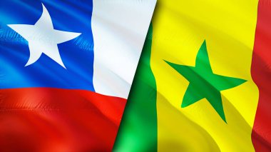 Şili ve Senegal bayrakları. 3 boyutlu dalgalanan bayrak tasarımı. Şili Senegal bayrağı, resim, duvar kağıdı. Şili, Senegal 'e karşı, 3 boyutlu görüntü. Şili Senegal ilişkileri ittifak ve ticaret, seyahat, turizm konsepti
