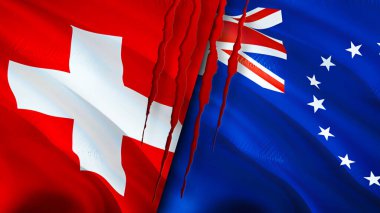 İsviçre ve Cook Adaları yara izi olan bayraklar. Dalgalanan bayrak, 3 boyutlu görüntüleme. İsviçre ve Cook Adaları çatışma konsepti. İsviçre Cook Adaları ilişkileri kavramı. İsviçre bayrağı ve