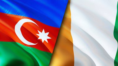 Azerbaycan ve Cote d 'Ivoire bayrakları. 3 boyutlu dalgalanan bayrak tasarımı. Azerbaycan Fildişi Bayrağı, resim, duvar kağıdı. Azerbaycan vs Cote d 'Ivoire imajı, 3D görüntüleme. Azerbaycan Cote d 'Ivoire ilişkisi