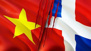Vietnam ve Dominik Cumhuriyeti bayrakları. 3 boyutlu dalgalanan bayrak tasarımı. Vietnam Dominik Cumhuriyeti bayrağı, resim, duvar kağıdı. Vietnam, Dominik Cumhuriyeti imajına karşı, 3 boyutlu canlandırma. Vietnam Dominikli