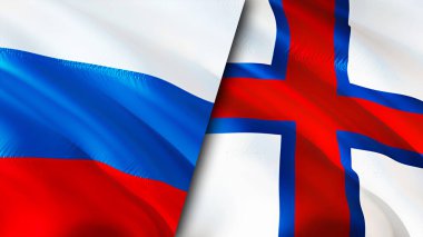 Rusya ve Faroe Adaları bayrakları. 3 boyutlu dalgalanan bayrak tasarımı. Rusya Faroe Adaları bayrağı, resim, duvar kağıdı. Rusya, Faroe Adaları 'na karşı, görüntü 3D. Rusya Faroe Adaları ilişkileri ittifakı