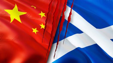 Yara izi olan Çin ve İskoçya bayrakları. Dalgalanan bayrak, 3 boyutlu görüntüleme. Çin ve İskoçya çatışma konsepti. Çin İskoçya ilişkileri kavramı. Çin ve İskoçya krizi bayrağı, savaş, saldırı konsepti