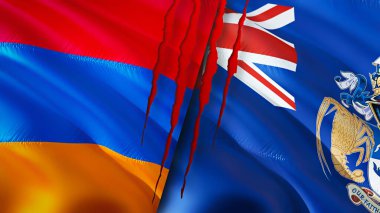 Yara izi olan Ermenistan ve Tristan da Cunha bayrakları. Dalgalanan bayrak, 3 boyutlu görüntüleme. Ermenistan ve Tristan da Cunha çatışma konsepti. Ermenistan Tristan da Cunha ilişkileri kavramı. Ermenistan bayrağı ve