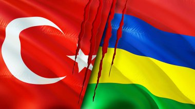 Hindi ve Mauritius bayraklarında yara izi var. Dalgalanan bayrak, 3 boyutlu görüntüleme. Türkiye ve Mauritius çatışma konsepti. Türkiye Mauritius ilişkileri kavramı. Türkiye bayrağı ve Mauritius krizi, savaş, attac