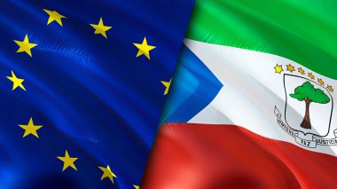 Avrupa Birliği ve Ekvator Ginesi bayrakları. 3 boyutlu dalgalanan bayrak tasarımı. Avrupa Birliği Ekvator Ginesi bayrağı, resim, duvar kağıdı. Avrupa Birliği Ekvator Ginesine Karşı İmaj, 3D görüntüleme. Avrupa Unio