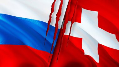 Rusya ve İsviçre yara izi kavramına sahip bayraklar. Dalgalanan bayrak, 3 boyutlu görüntüleme. Rusya ve İsviçre çatışma konsepti. Rusya-İsviçre ilişkileri kavramı. Rusya bayrağı ve İsviçre krizi, savaş