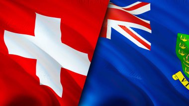 İsviçre ve Britanya Virjin Adaları bayrakları. 3 boyutlu dalgalanan bayrak tasarımı. İsviçre İngiliz Virjin Adaları bayrağı, resim, duvar kağıdı. İsviçre, Britanya Virjin Adaları 'na karşı Görüntü, 3D