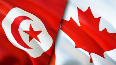 Tunus ve Kanada bayrakları. 3 boyutlu dalgalanan bayrak tasarımı. Tunus Kanada bayrağı, resim, duvar kağıdı. Tunus, Kanada 'ya karşı görüntü, 3D görüntüleme. Tunus Kanada ilişkileri ittifak ve ticaret, seyahat, turizm konsepti