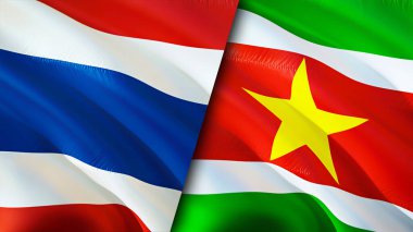 Tayland ve Surinam bayrakları. 3 boyutlu dalgalanan bayrak tasarımı. Tayland Surinam bayrağı, resim, duvar kağıdı. Tayland, Surinam 'a karşı, görüntü 3 boyutlu. Tayland Surinam ilişkileri ittifak ve ticaret, seyahat, turnuva