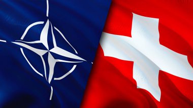 NATO ve İsviçre bayrakları. 3 boyutlu dalgalanan bayrak tasarımı. İsviçre NATO bayrağı, resim, duvar kağıdı. NATO İsviçre 'ye karşı, görüntü 3 boyutlu. NATO İsviçre ilişkileri ittifak ve ticaret, seyahat, turnuva