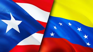 Porto Riko ve Venezuela bayrakları. 3 boyutlu dalgalanan bayrak tasarımı. Porto Riko Venezuela bayrağı, resim, duvar kağıdı. Porto Riko, Venezuela 'ya karşı, görüntü 3 boyutlu. Porto Riko Venezuela İlişkiler Birliği