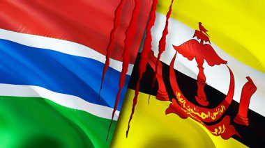 Gambiya ve Brunei bayraklarında yara izi var. Dalgalanan bayrak, 3 boyutlu görüntüleme. Gambiya ve Brunei çatışma konsepti. Gambiya Brunei ilişkileri kavramı. Gambiya bayrağı ve Brunei krizi, savaş, saldırı konsepti