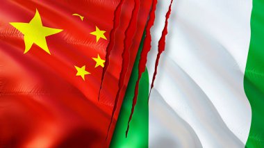 Yara izi olan Çin ve Nijerya bayrakları. Dalgalanan bayrak, 3 boyutlu görüntüleme. Çin ve Nijerya çatışma konsepti. Çin Nijerya ilişkileri kavramı. Çin ve Nijerya bayrağı krizi, savaş, saldırı konsepti