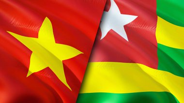 Vietnam ve Togo bayrakları ve yara izi konsepti. Dalgalanan bayrak, 3 boyutlu görüntüleme. Vietnam ve Togo çatışma konsepti. Vietnam Togo ilişkileri kavramı. Vietnam bayrağı ve Togo krizi, savaş, saldırı konsepti