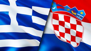Yunanistan ve Hırvatistan bayrakları. 3 boyutlu dalgalanan bayrak tasarımı. Yunanistan bayrağı, resmi, duvar kağıdı. Yunanistan Hırvatistan 'a karşı imaj, 3D görüntüleme. Yunanistan Hırvatistan 'ın ilişkileri ittifak ve Ticaret, seyahat ve turizm kavramları