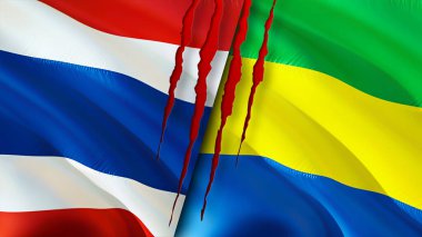 Yara izi olan Tayland ve Gabon bayrakları. Dalgalanan bayrak, 3 boyutlu görüntüleme. Tayland ve Gabon çatışma konsepti. Tayland Gabon ilişkileri kavramı. Tayland ve Gabon bayrağı krizi, savaş, saldırı konsepti