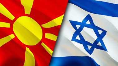 Kuzey Makedonya ve İsrail bayrakları. 3 boyutlu dalgalanan bayrak tasarımı. Kuzey Makedonya İsrail bayrağı, resmi, duvar kağıdı. Kuzey Makedonya İsrail imajına karşı, 3D görüntüleme. Kuzey Makedonya İsrail ilişkileri bir ittifak