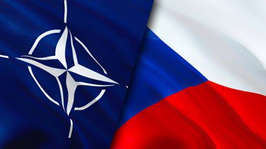 NATO ve Çek bayrakları. 3 boyutlu dalgalanan bayrak tasarımı. Çek NATO bayrağı, resim, duvar kağıdı. NATO, Çek imajına karşı, 3D görüntüleme. NATO Çek İlişkileri İttifak ve Ticaret, Seyahat, Turizm Konsepti