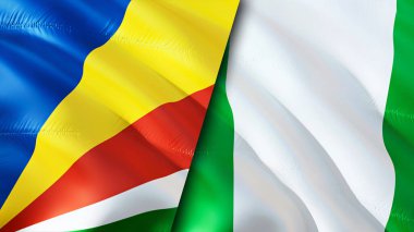 Seyşeller ve Nijerya bayrakları. 3 boyutlu dalgalanan bayrak tasarımı. Seyşeller Nijerya bayrağı, resim, duvar kağıdı. Seyşeller Nijerya 'ya karşı, görüntü 3D. Seyşeller Nijerya ilişkileri bir ittifak