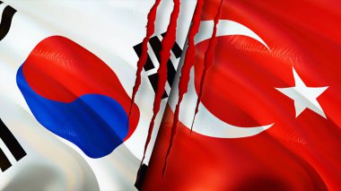 Güney Kore ve Türkiye yara izi kavramına sahip bayraklar. Dalgalanan bayrak, 3 boyutlu görüntüleme. Güney Kore ve Türkiye çatışma konsepti. Güney Kore Türkiye ilişkileri kavramı. Güney Kore bayrağı ve Türkiye krizi, savaş