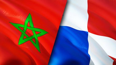 Fas ve Panama bayrakları. 3 boyutlu dalgalanan bayrak tasarımı. Fas Panama bayrağı, resim, duvar kağıdı. Fas, Panama 'ya karşı, görüntü 3 boyutlu. Fas Panama ilişkileri ittifak ve ticaret, seyahat, turizm konsepti