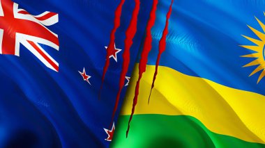 Yara izi olan Yeni Zelanda ve Ruanda bayrakları. 3D bayrak sallama. Yeni Zelanda ve Ruanda çatışma konsepti. Yeni Zelanda Ruanda ilişkileri kavramı. Yeni Zelanda bayrağı ve Ruanda krizi, savaş