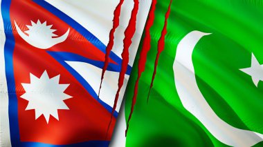 Yara izi olan Nepal ve Pakistan bayrakları. Dalgalanan bayrak, 3 boyutlu görüntüleme. Nepal ve Pakistan çatışma konsepti. Nepal Pakistan ilişkileri kavramı. Nepal ve Pakistan krizi bayrağı, savaş, saldırı konsepti