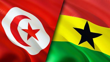 Tunus ve Gana bayrakları. 3 boyutlu dalgalanan bayrak tasarımı. Tunus Gana bayrağı, resim, duvar kağıdı. Tunus, Gana imajına karşı, 3D görüntüleme. Tunus Gana ilişkileri ittifak ve ticaret, seyahat, turizm konsepti