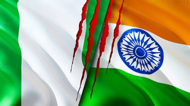 Nijerya ve Hindistan yara izi kavramına sahip bayraklar. Dalgalanan bayrak, 3 boyutlu görüntüleme. Nijerya ve Hindistan çatışma konsepti. Nijerya Hindistan ilişkileri kavramı. Nijerya bayrağı ve Hindistan krizi, savaş, saldırı konsepti