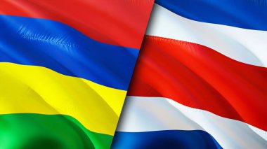 Mauritius ve Kosta Rika bayrakları. 3 boyutlu dalgalanan bayrak tasarımı. Mauritius Kosta Rika bayrağı, resim, duvar kağıdı. Mauritius Kosta Rika 'ya karşı, görüntü 3 boyutlu. Mauritius Kosta Rika ilişkileri