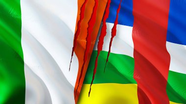 İrlanda ve Orta Afrika Cumhuriyeti yara izi kavramına sahip bayraklar. 3D bayrak sallama. İrlanda ve Orta Afrika Cumhuriyeti çatışma konsepti. İrlanda Orta Afrika Cumhuriyeti ilişkileri kavramı