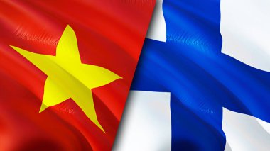 Vietnam ve Finlandiya yara izi olan bayraklar. Dalgalanan bayrak, 3 boyutlu görüntüleme. Vietnam ve Finlandiya çatışma konsepti. Vietnam-Finlandiya ilişkileri kavramı. Vietnam ve Finlandiya bayrağı krizi, savaş, saldırı konsepti