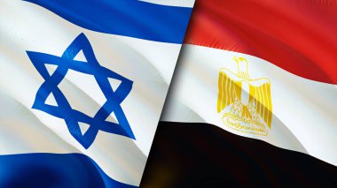 İsrail ve Mısır bayrakları. 3 boyutlu dalgalanan bayrak tasarımı. İsrail Mısır bayrağı, resim, duvar kağıdı. İsrail, Mısır 'a karşı, görüntü 3 boyutlu. İsrail Mısır ilişkileri ittifak ve ticaret, seyahat, turizm konsepti