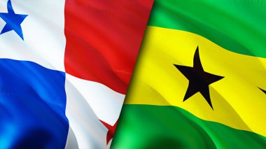 Panama ve Sao Tome ve Principe bayrakları. 3 boyutlu dalgalanan bayrak tasarımı. Panama Sao Tome ve Principe bayrağı, resim, duvar kağıdı. Panama, Sao Tome ve Principe 'e karşı 3 boyutlu görüntü. Panama Sao Tome ve Princip