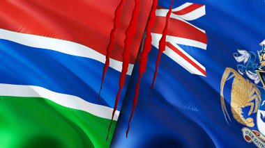 Gambiya ve Tristan da Cunha yara izi olan bayraklar. Dalgalanan bayrak, 3 boyutlu görüntüleme. Gambiya ve Tristan da Cunha çatışma konsepti. Gambiya Tristan da Cunha ilişkileri kavramı. Gambiya ve Tristan d bayrağı