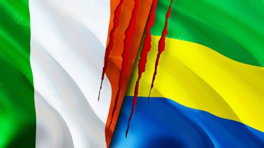 İrlanda ve Gabon yara izi olan bayraklar. 3D bayrak sallama. İrlanda ve Gabon çatışma konsepti. İrlanda Gabon ilişkileri kavramı. İrlanda bayrağı ve Gabon krizi, savaş, saldırı konsepti
