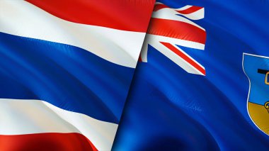 Tayland ve Montserrat bayrakları. 3 boyutlu dalgalanan bayrak tasarımı. Tayland ve Montserrat bayrağı, resim, duvar kağıdı. Tayland, Montserrat 'a karşı, görüntü 3 boyutlu. Tayland Montserrat ilişkileri bir ittifak