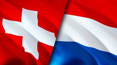 İsviçre ve Hollanda bayrakları. 3 boyutlu dalgalanan bayrak tasarımı. İsviçre Hollanda bayrağı, resim, duvar kağıdı. İsviçre, Hollanda 'ya karşı. Görüntü 3D. İsviçre Hollanda ilişkileri ittifak