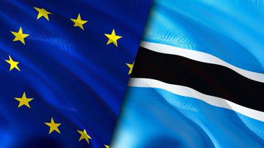 Avrupa Birliği ve Botswana bayrakları. 3 boyutlu dalgalanan bayrak tasarımı. Avrupa Birliği Botsvana bayrağı, resim, duvar kağıdı. Avrupa Birliği, Botswana 'ya karşı, görüntü 3 boyutlu. Avrupa Birliği Botsvana ilişkileri ittifak