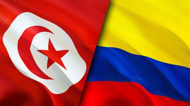 Tunus ve Kolombiya bayrakları. 3 boyutlu dalgalanan bayrak tasarımı. Tunus Kolombiya bayrağı, resim, duvar kağıdı. Tunus, Kolombiya 'ya karşı, görüntü 3 boyutlu. Tunus Kolombiya İlişkileri İttifak ve Ticaret, Seyahat, Turnuva