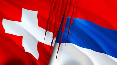 İsviçre ve Sırbistan yara izi kavramına sahip. Dalgalanan bayrak, 3 boyutlu görüntüleme. İsviçre ve Sırbistan ihtilaf kavramı. İsviçre Sırbistan ilişkileri kavramı. İsviçre bayrağı ve Sırbistan krizi, savaş