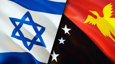 İsrail ve Papua Yeni Gine bayrakları. 3 boyutlu dalgalanan bayrak tasarımı. İsrail Papua Yeni Gine bayrağı, resim, duvar kağıdı. İsrail, Papua Yeni Gine 'ye karşı, görüntü 3 boyutlu. İsrail Papua Yeni Gine ilişkileri ittifakı