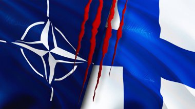 Yara izi olan NATO ve Finlandiya bayrakları. Dalgalanan bayrak, 3 boyutlu görüntüleme. Finlandiya ve NATO çatışma konsepti. NATO Finlandiya ilişkileri kavramı. NATO ve Finlandiya bayrağı krizi, savaş, saldırı konsepti