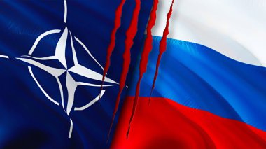NATO ve Rusya yara izi kavramına sahip bayraklar. Dalgalanan bayrak, 3 boyutlu görüntüleme. Rusya ve NATO çatışma konsepti. NATO Rusya ilişkileri kavramı. NATO ve Rusya bayrağı krizi, savaş, saldırı konsepti
