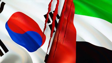 Güney Kore ve Birleşik Arap Emirlikleri bayrakları yara izi konseptiyle. Dalgalanan bayrak, 3 boyutlu görüntüleme. Güney Kore ve Birleşik Arap Emirlikleri çatışma konsepti. Güney Kore Birleşik Arap Emirlikleri ilişkileri kavramı