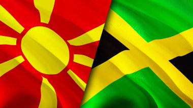 Kuzey Makedonya ve Jamaika bayrakları. 3 boyutlu dalgalanan bayrak tasarımı. Kuzey Makedonya Jamaika bayrağı, resim, duvar kağıdı. Kuzey Makedonya Jamaika imajına karşı, 3D görüntüleme. Kuzey Makedonya Jamaika ilişkileri ittifak