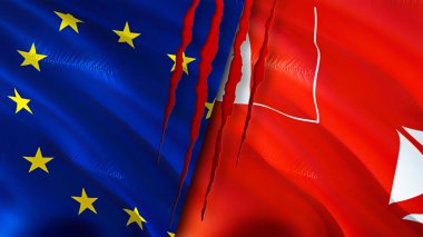 Yara izi olan Avrupa Birliği, Wallis ve Futuna bayrakları. Dalgalanan bayrak, 3 boyutlu görüntüleme. Avrupa Birliği ve Wallis ve Futuna çatışma konsepti. Avrupa Birliği Wallis ve Futuna ilişkileri kavramı